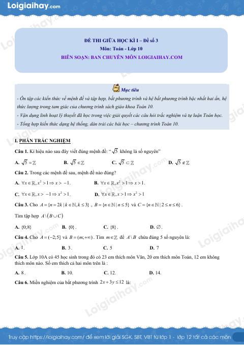 Đề thi giữa kì 1 Toán 10 Kết nối tri thức - Đề số 3